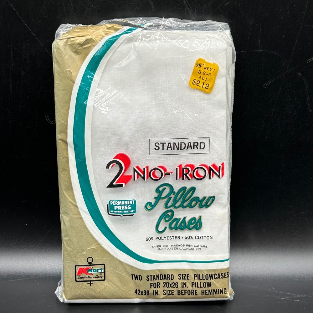 Vtg Kmart No Iron Pillow Cases Standard White Permanent Press New 2 Pack